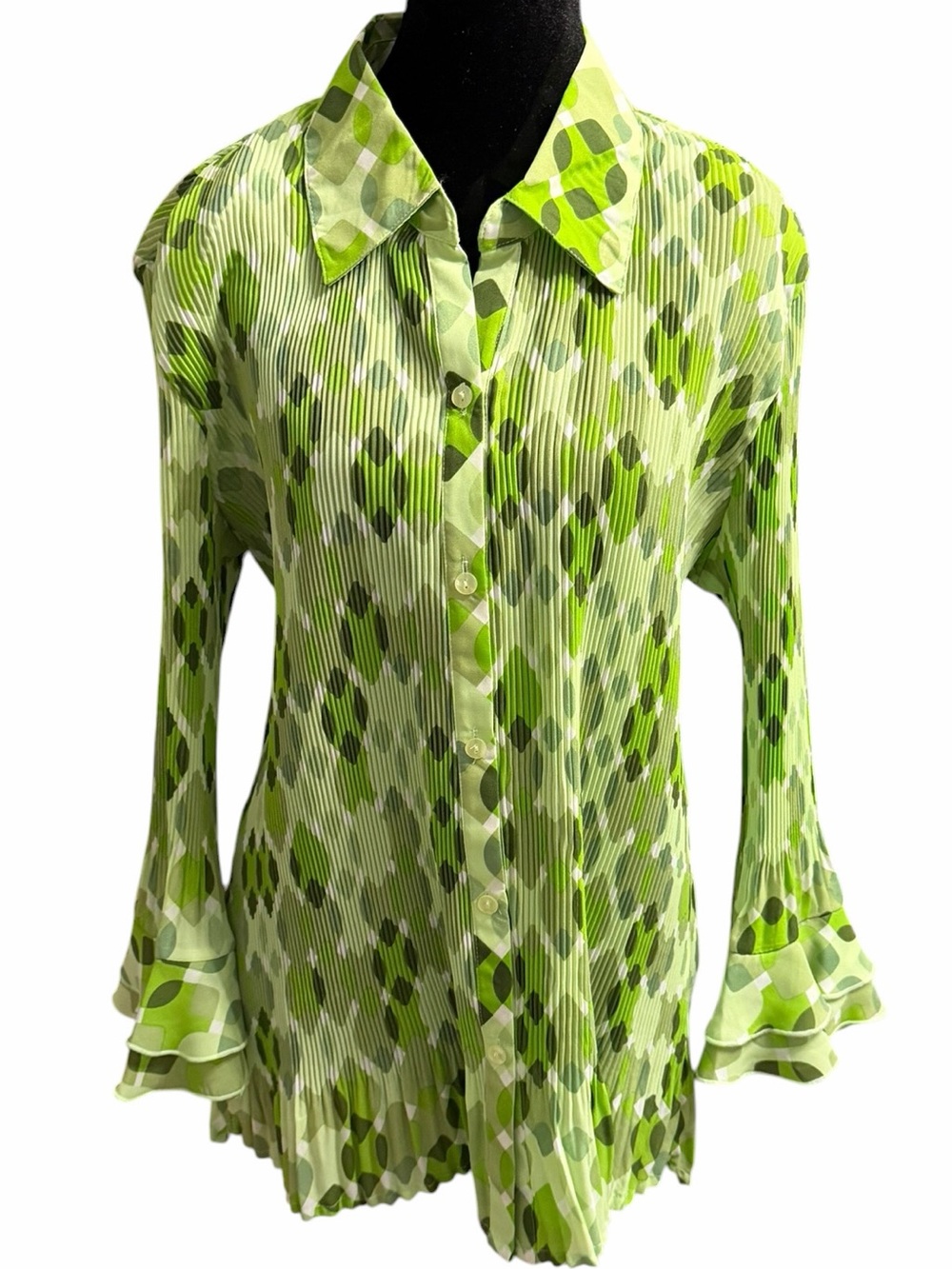 Women's Essentials by Milano Green & White Pleated Blouse XL